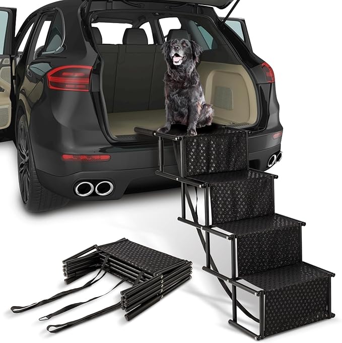 Dog Stairs for Car, Foldable Ramps for Large Dogs with Non-Slip Surface, Lightweight Aluminum, Portable Pet Steps for Trucks, Cars, SUVs, High Beds