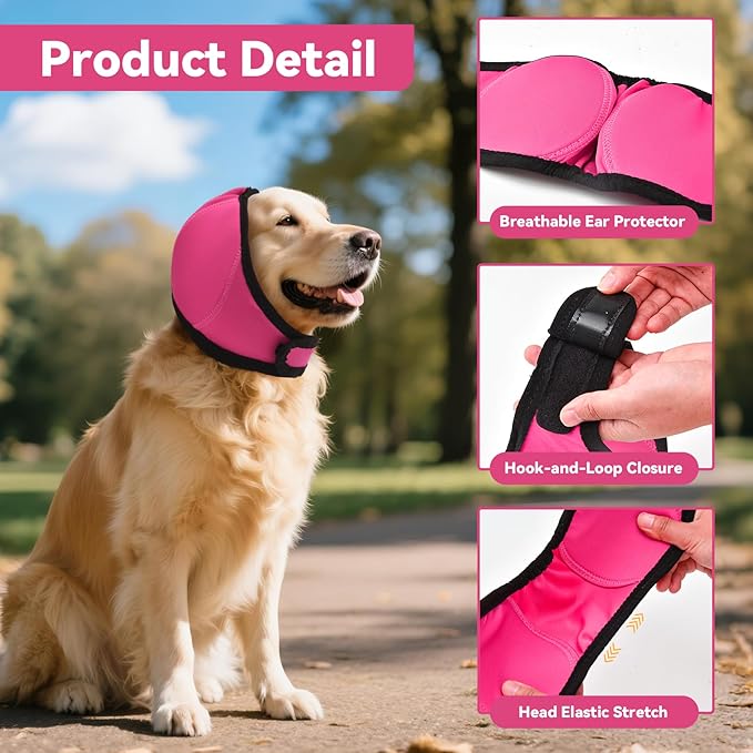 Dog Ear Covers for Bath, Dog Ear Muffs Noise Protection, Elastic Waterproof Ear Protector with Calming Hoodie Design for Fireworks, Vet Visits, Grooming (Rose, Small)