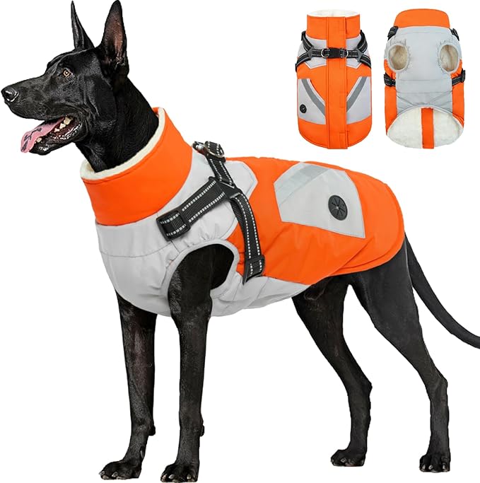 FUAMEY Dog Winter Jackets for Large Dogs,Dog Coat with Harness Built in,Waterproof Dogs Snowsuits Warm Pet Jacket Zip Up Fleece Cold Weather Coats Reflective Puppy Vest with Pocket Orange 2XL
