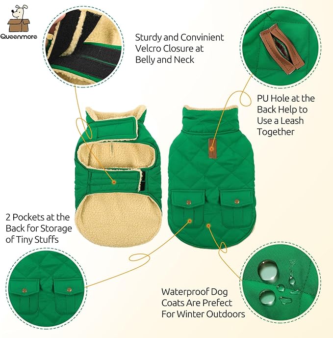 Queenmore Warm Dog Coat, Cold Weather Puffer Dog Coat Vest, Quilting Winter Pet Jacket Ultra Thick Plush Fleece Lining Pet Clothes for Dogs with Storage Pockets (Forest Green,X-Large)