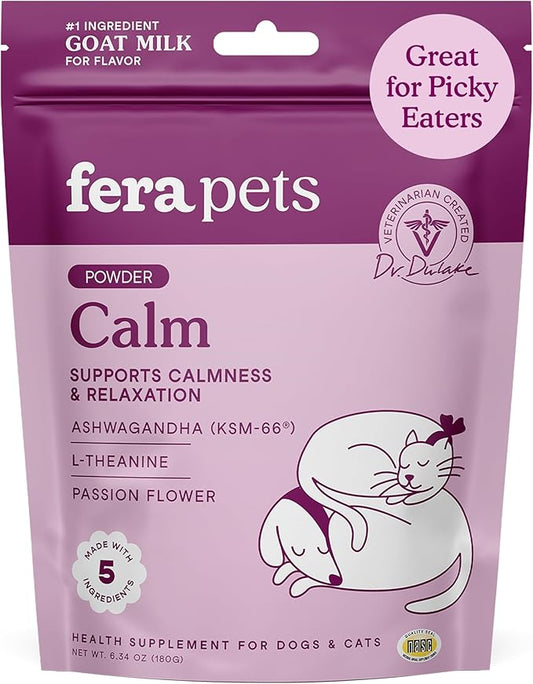 Fera Pet Organics Calming Goat Milk Cat & Dog – Vet Created - Pet Anxiety, Stress & Hyperactivity - Ashwagandha Supplement with GABA-60 Servings