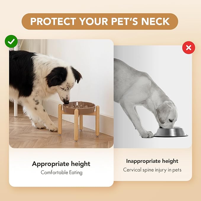 8.2inch Ceramic Dog Raised Slow Feeder Set, Elevated Bowl with Wooden Stand for Large and Medium Dog, Slow Feeder Dish for Fast Easters, Stop Bloat(Brown Coffee, Single Bowl+ Stand)