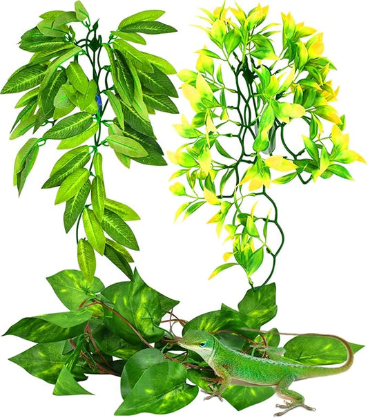 KATUMO Reptile Plants, 3 PCS Amphibian Hanging Plants with Suction Cup for Lizards, Geckos, Bearded Dragons, Snake, Hermit Crab Tank Pets Habitat Decorations