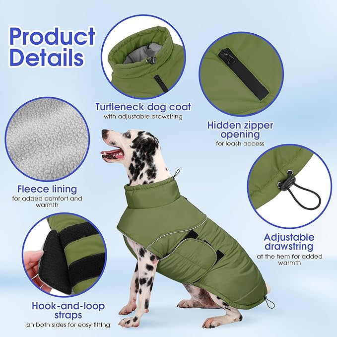 ASENKU Extra Warm Dog Coat with Fleece, Reflective Puffer Jacket, Adjustable with Zippered Leash Hole for Large Dogs, Winter Clothes (Green, XL)