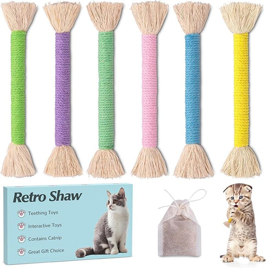 Retro Shaw Cat Toys, 6Pcs Catnip Chew Ropes, Safe Durable Kitten Teething Toys for Indoor Cats, Kitty Kicker Sticks Dental Toy for All Breeds