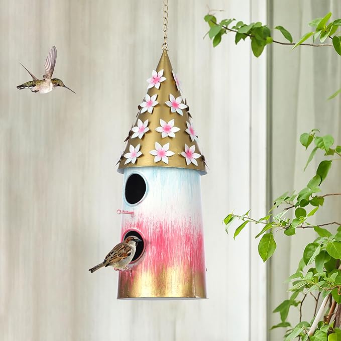 BAYN Hanging Bird House for Outside, 2 Story Double Hole Metal Birdhouse for Outdoor Hanging Handwork Bird Nest Decorative Garden Decor Outdoor