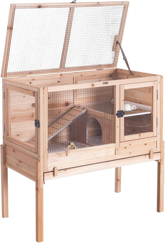 Wooden Guinea Pig Cages Indoor,Two-Story Wooden Rabbit Cage Hutch with Removable Stand and Pull Out Tray, Small Animals Cage Habitat with Ramp and Plastic Mesh(Natural Wood Color)