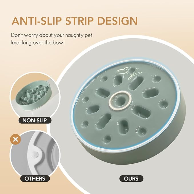 9.5inch Ceramic Dog Raised Slow Feeder Set, Elevated Bowl with Wooden Stand for Large Dog, Slow Feeder Dish for Fast Easters, Stop Bloat(Light Green, Single Bowl+ Stand)