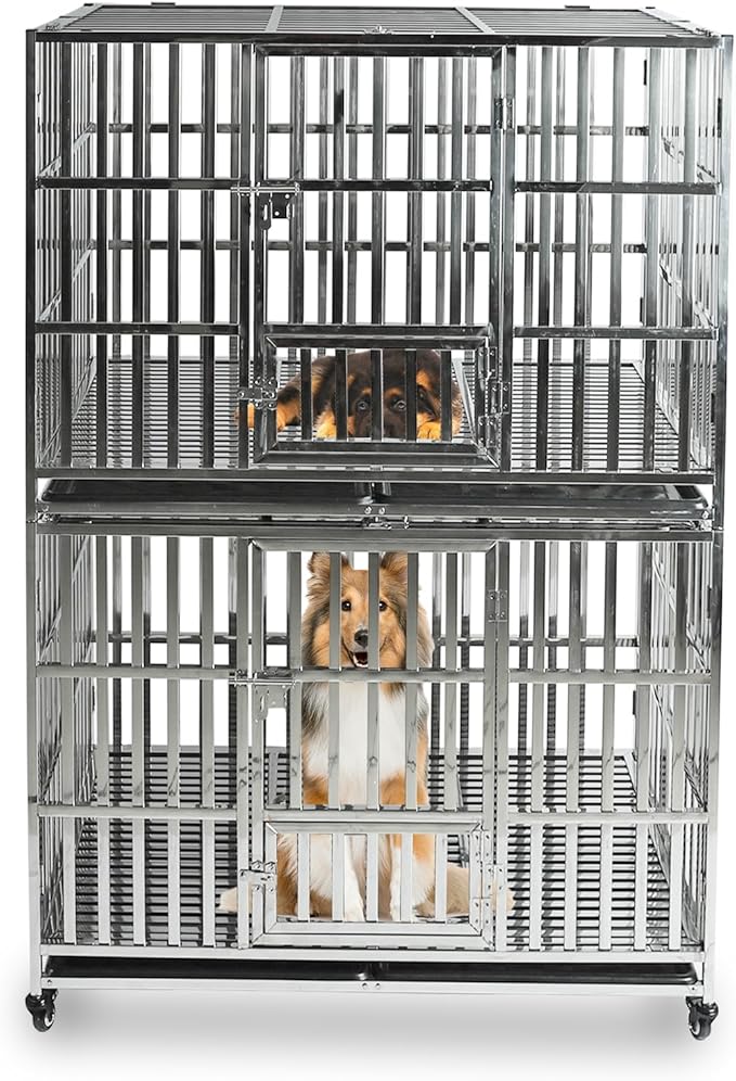 47 INCH Heavy Duty Dog Cage Stainless Steel Pet Crate Kennel with Lockable Wheels & Removable Trays for Large and X-Large Dogs (Stackable)