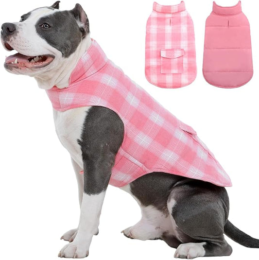 Kuoser Reversible Winter Coat, British Style Jacket for Medium and Large Dogs - Warm Windproof Puppy Cold Weather Clothes Vest, Pink L