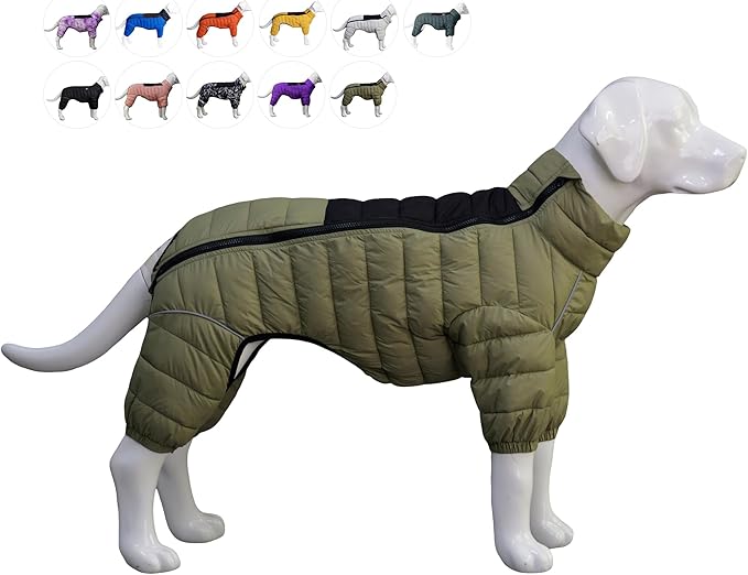 Dog Warm Jacket, 4 Legs Covered Waterproof Windproof Reflective Warm Dog Vest for Small Medium Large Dogs Olive Green L