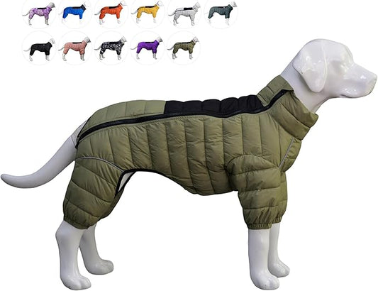 Dog Warm Jacket, 4 Legs Covered Waterproof Windproof Reflective Warm Dog Vest for Small Medium Large Dogs Olive Green L