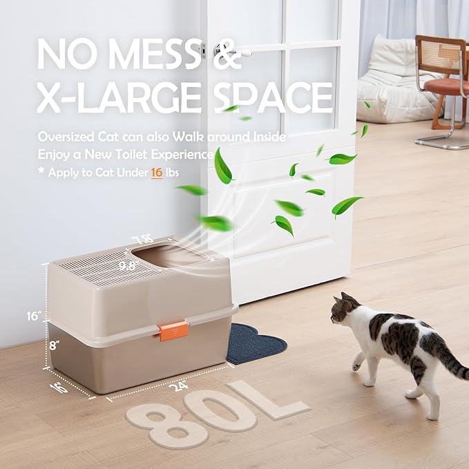 MEEXPAWS Stainless Steel Cat Litter Box Top Entry XL Large with Lid, 8'' High Side Metal Cat Litter Box for Big Cats, Top Cover with Slot, Non-Stick, Easy Clean, Include Litter Scoop