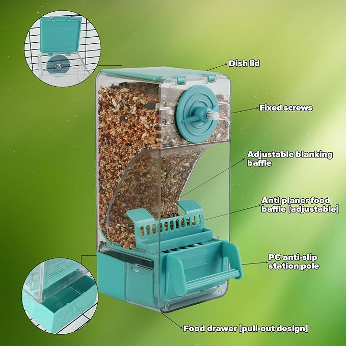 Bird Feeder No Mess 2PCS Automatic Clear Bird Seed Food Container Acrylic Parrot Feeder Dispenser Cage Accessories for Parakeet Budgies Cockatoo Canary Love Bird (Blue)