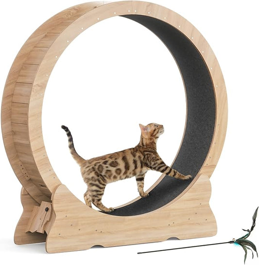 Cat Exercise Wheel, 43.3 inch Cat Wheel for Indoor Cats with Carpeted Runway, XL Treadmill with Removable Carpet and Teaser, for Running Walking Training (Natural Wood)