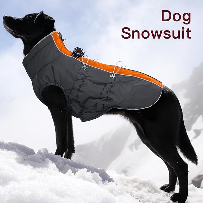Dog Winter Jacket - Large, Warm Zip Up Snowsuit Dog Harness Vest, Reflective, Water-Resistant, Orange-Gray