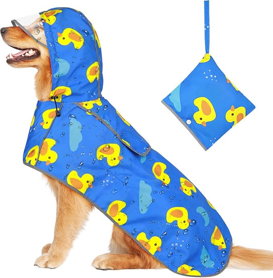 Dog Raincoat, Adjustable Dog Rain Jacket with Clear Hooded, Waterproof Rain Coat Poncho with Reflective Storage Pocket for Large Dogs (Blue, X-Large)