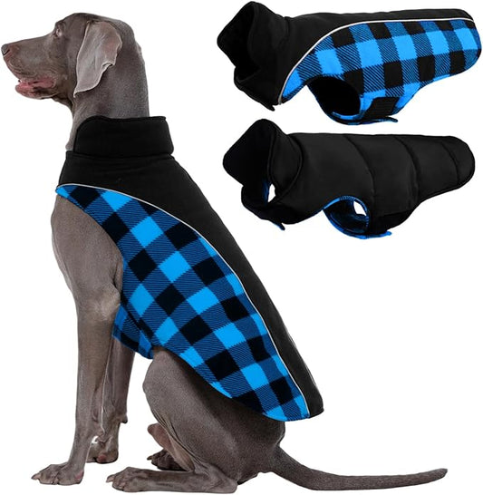 Kuoser Dog Winter Coat, Reversible Waterproof Dog Jacket with Leash Hole, Warm Dogs Fleece Vest Adjustable Doggy Cold Weather Clothes Plaid Christmas Outfit Pet Apparel for Extra Large Dogs, Blue 3XL