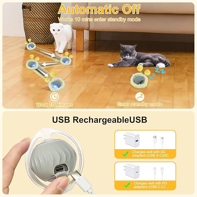 Interactive Cat Toys for Indoor Cats, Automatic Motion Cat Toy in Pouch Fast Rolling Ball in Play Mat Hide and Seek Mouse Catching Game with Chirping Stimulation,Led Light,Auto On/Off(Grey)