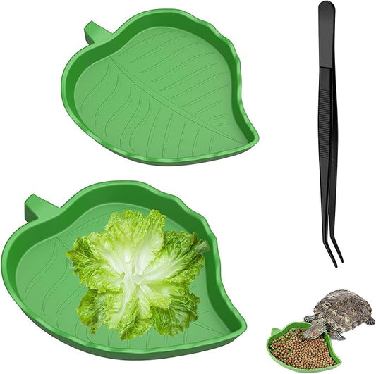 KABASI 2PCS Leaf Reptile Water Dish with Tweezers, Reptile Habitat Accessories Food Bowl, Pet Feeding Plate for Tortoise Corn Snake Bearded Dragon Snake Lizard Drinking and Eating, 2 Sizes