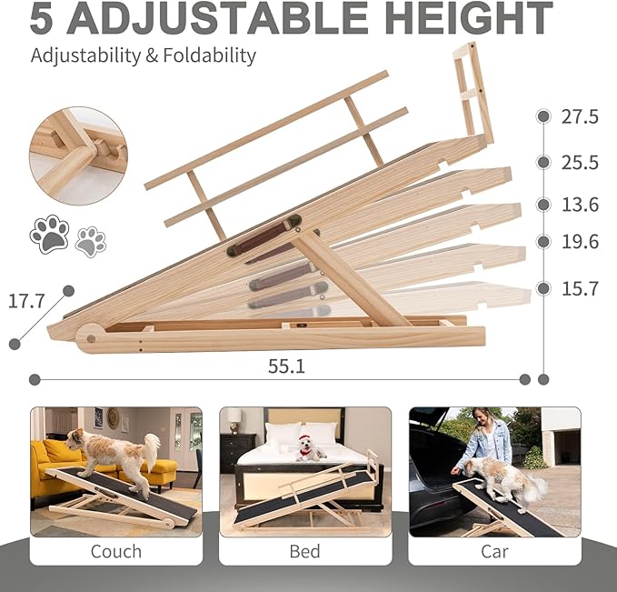 ABORON Antislip Wooden Dog Ramp for High Bed Couch Car, 5-Level Adjustable Folding Pet Ramp for Small & Large Old Dogs & Cats, 17.7" Extra Wide 51" Long, Rubber Mat, Supports up to 200 lbs