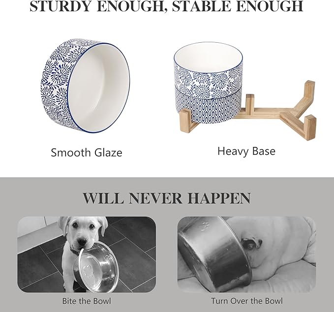 Selamica Ceramic 14 OZ Dog Bowls with Wooden Stand, Anti-Slip Dog Dishes Set for Cats & Small Dogs, Weighted Pet Bowls Set of 2, Vintage Blue