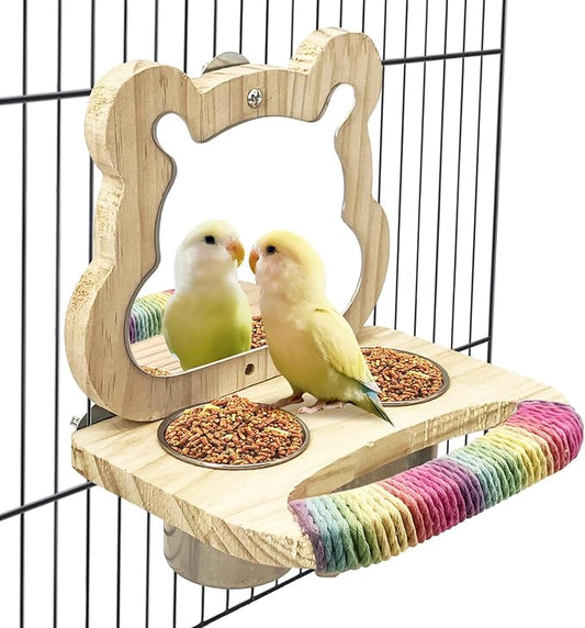 Tfwadmx Bird Parrot Wooden Feeding Cups Small Bird Feeding Dish Cups Stainless Steel Birds Bowls Food Water Bowls with Food Holder for Finches Cockatiel Lovebirds