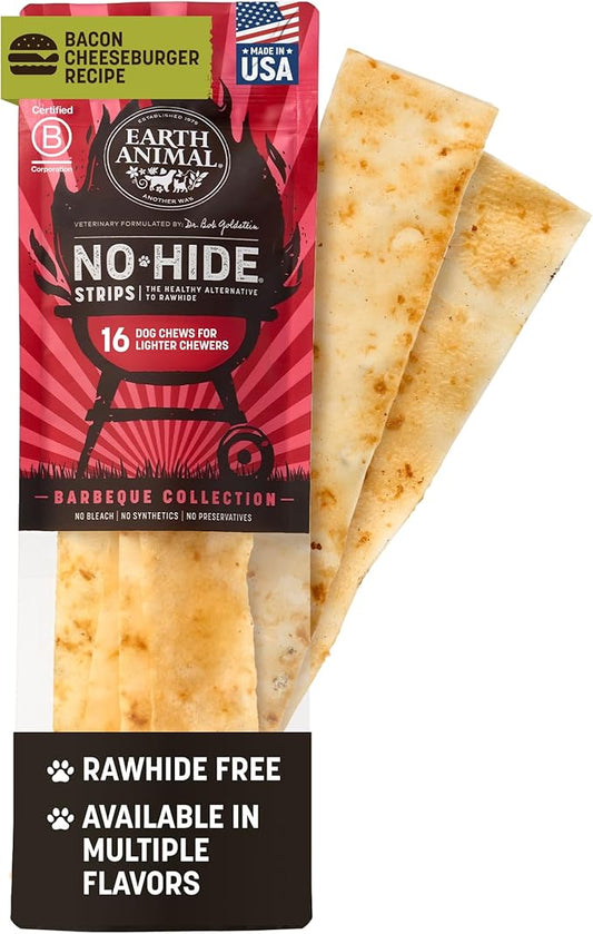 Earth Animal No Hide Strips Barbeque Bacon Cheeseburger Flavored Natural Treats | No Rawhide | Quick & Thin Dog Chews - 16 Count