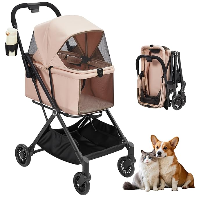 4-Wheel Lightweight Dog Stroller - Foldable Pet Stroller for Cats & Small to Medium Dogs Up to 50 Lbs, with 360° Swivel Wheels, Foot Brake, Weather & Escape Proof Design