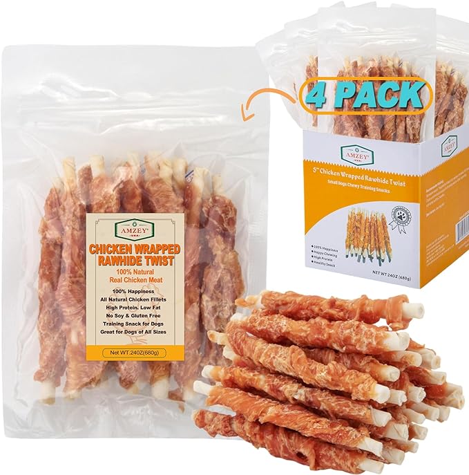 Amzey 24OZ Chicken Wrapped Rawhides Dogs Treats, Rawhide Twist Chicken Hide Sticks, Puppy Training Snacks Sticks Dog Chews, All Natural 4 Resealable Bags, Total 1.5lb