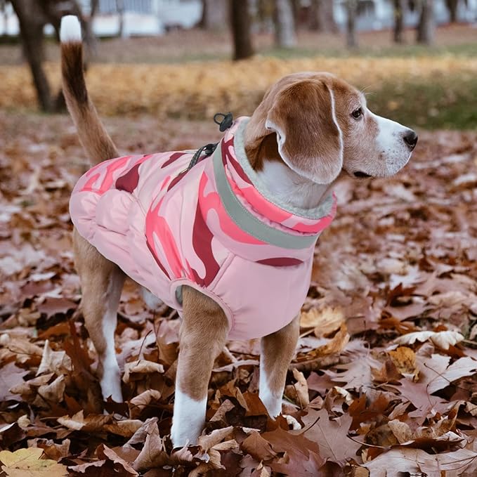 Lelepet Dog Coat Warm Dog Winter Coat Waterproof Dogs Jacket with Harness Built in Reflective Pet Fleece Vest Zip-Up Cold Weather Coats for Large Dogs Turtleneck Windproof Boston Terrier Pink Camo L