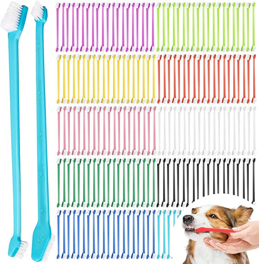 200 Pcs Dog Toothbrush Bulk Pet Double Sided Brushing Kit Long Handle Soft Bristles Dogs Tooth Brush for Small to Large Dog, Cat, Puppy & Kitten, 10 Colors