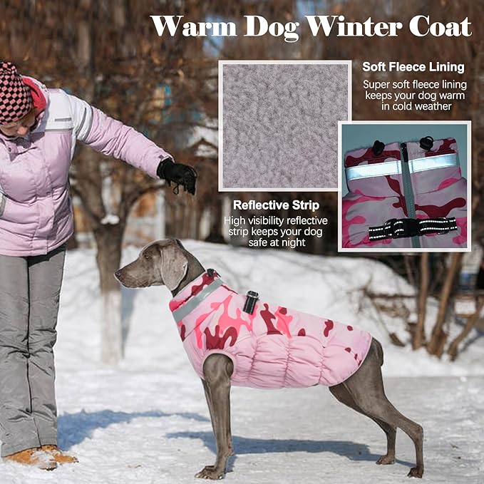 Lelepet Dog Coat Warm Dog Winter Coat Waterproof Dogs Jacket with Harness Built in Reflective Pet Fleece Vest Zip-Up Cold Weather Coats for Dogs Turtleneck & Windproof Coats Chihuahua Pink Camo XS