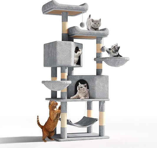 Athena Collection Cat Tree Tower, Modern 58 Inch Tall Cat Tree Claimbing Tower with Scratching Post 2 Condo 3 Hammocks Multi-Level Activity Platform and Playing Ball for Indoor Large Adult, Grey