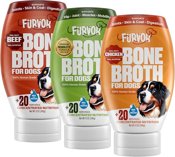 Beef, Chicken & Mobility Bone Broth Concentrate for Dogs - Collagen Protein, Amino Acids, Glucosamine for Digestion, Skin & Coat, Immune System, & Joint Support, Human Grade (3pk, 60 Servings)