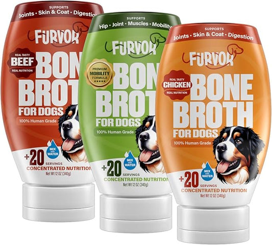 Beef, Chicken & Mobility Bone Broth Concentrate for Dogs - Collagen Protein, Amino Acids, Glucosamine for Digestion, Skin & Coat, Immune System, & Joint Support, Human Grade (3pk, 60 Servings)