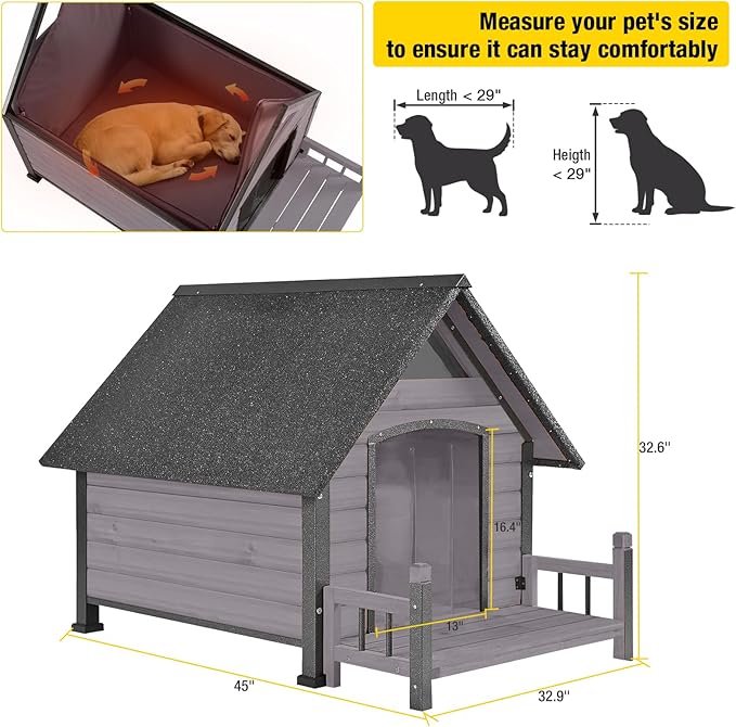 Dog House Outdoor, Insulated Dog Kennel Outside for Large Breed, 50.87" L Weatherproof Large Dog Shelter with Anti-Chewing Iron Frame (Grey, 45" D x 32.9" W x 32.6" H)