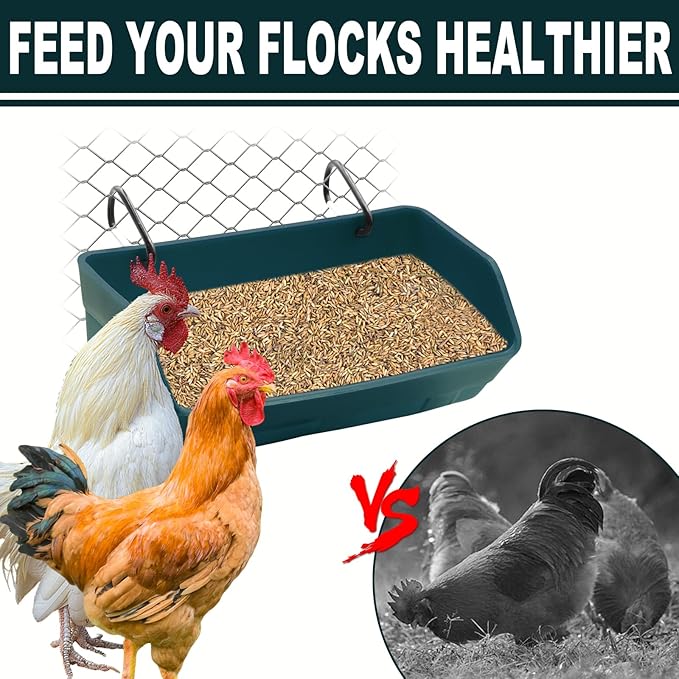 Fence Hanging Chicken Feeder - 4 Pack Feed Trough with Clips for Goat Duck Sheeple Horse Goose, Pig Poultry, Chicken Feeder Bucket Feeding Container for Livestock (Green)