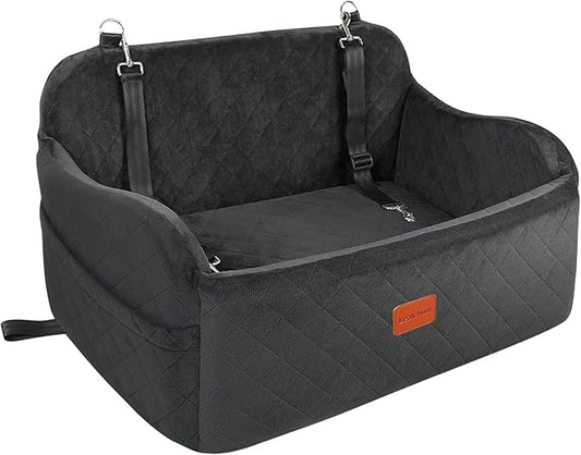 Large Dog Car Seat,Memory Foam Cushion Car Seat for 2 Small Dogs,Comfy Car Dog Bed with Side Pocket and 2 Clip-On Safety Leashes,Easy to Install Cars Seat for Dogs(Black, Large)