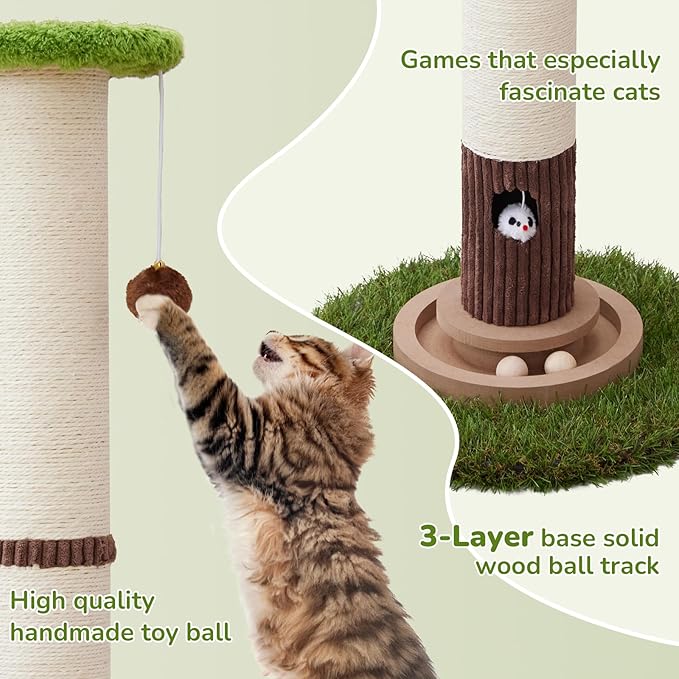 Scratcher Posts for Adults Cats - 33" Tall Cat Scratching Post, Premium Sisal Post for Kittens, Cat Scratcher Tree with Reinforced Stable Base and Interactive Wooden Ball (Green)