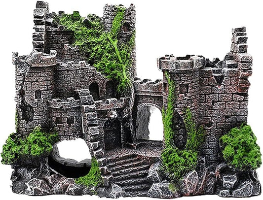 IBWell Ancient Castle Design Resin Aquarium Decoration Hideouts Stone Cave Hide House, Fish Tank Accessories for Betta Shrimp Turtle