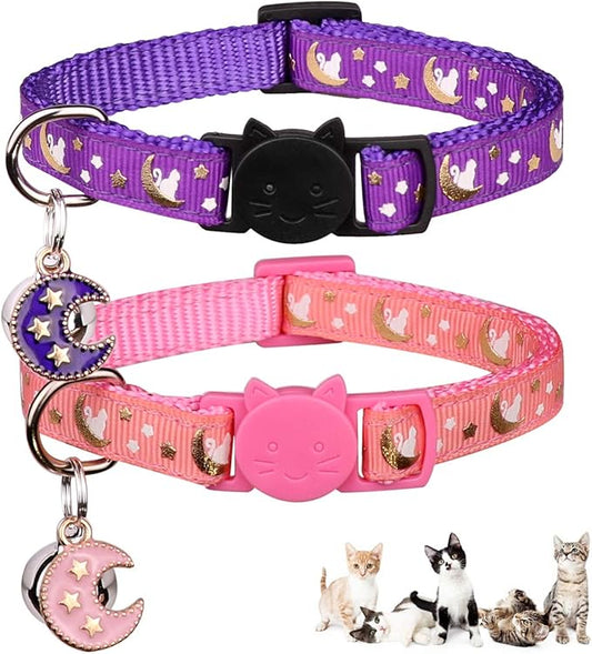 2Pcs Breakaway Cats Collars Cat Collars for Girl Cats Moons Adjustable Kitten Collars with Bell & Pendant Glow in The Dark,Purple+Pink