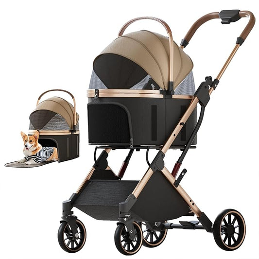 Dog Stroller with 4 Wheels, Folding Pet Stroller for Small, Medium Dogs and Cats up to 50lbs, Detachable Carrier, Storage Basket, Car Seat 3 in 1 Multifunctional (Brown‌)