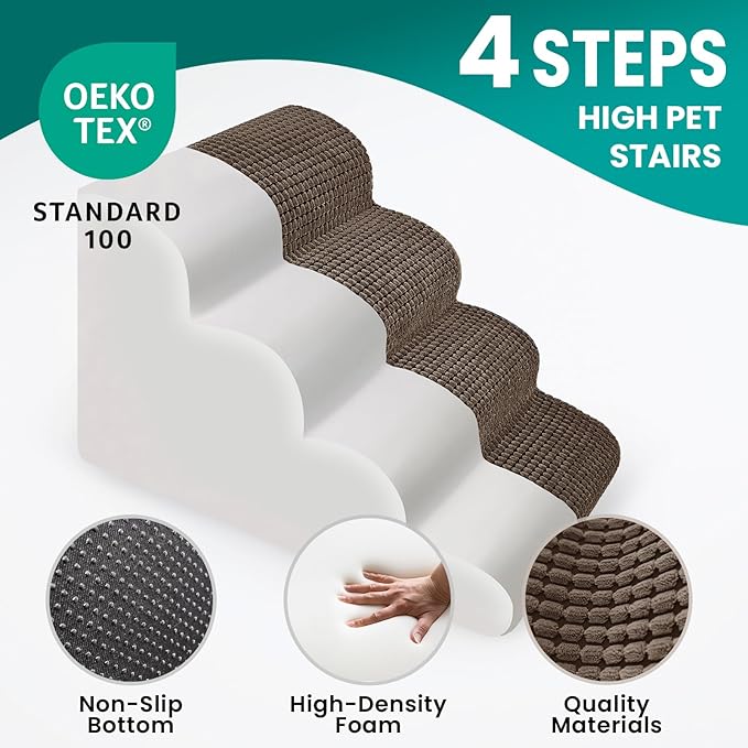 Dog Srairs for Small Dogs, 4-Step Dog Ramp for High Beds and Couch, Foam Dog Stairs with Durable Non-Slip Waterproof Fabric Cover, Brown Pet Stairs for Pets Joint