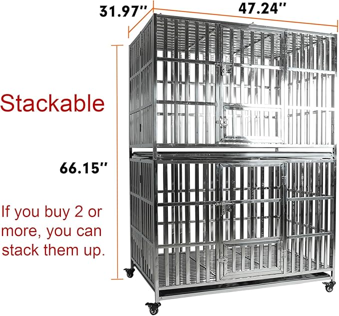 47 INCH Heavy Duty Dog Cage Stainless Steel Pet Crate Kennel with Lockable Wheels & Removable Trays for Large and X-Large Dogs (Stackable)