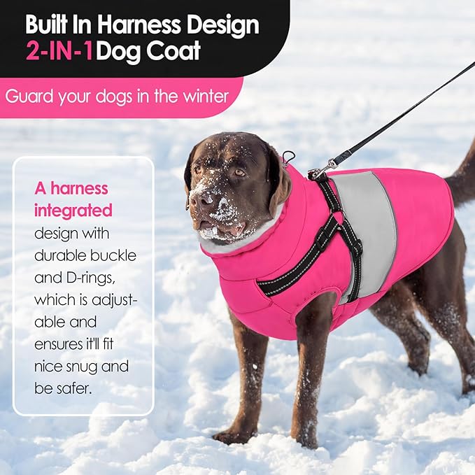 AOFITEE Dog Coat, Waterproof Dog Jacket Winter, Dogs Coat with Harness Built in, Warm Dogs Puffer Jacket with Zipper, Reflective Pet Snowsuit Sweater for Dachshund, French Bulldog, Boston Terrier, M