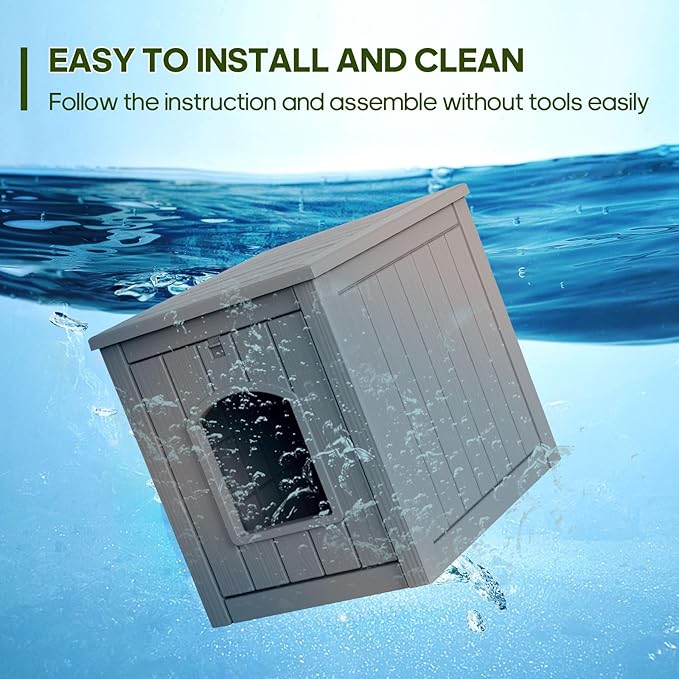 ROJIK Dog House Outdoor Waterproof,Resin Puppy Shelter Indoor with Flip Lid and Elevated Floor,Cat Duck Chicken Shelter, Portable and Easy Assembly(Grey)