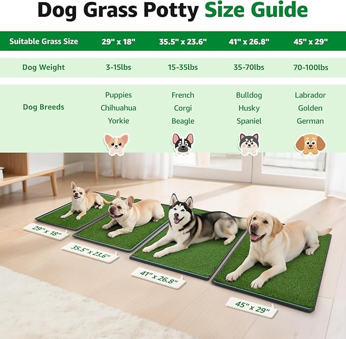 Dog Grass pad with Tray,45”x 29” Indoor Dog Potty with 2 Packs Replacement Artificial Fake Grass-5 Packs Disposable Puppy Pads,for Puppy Training Apartment,Outdoor Use