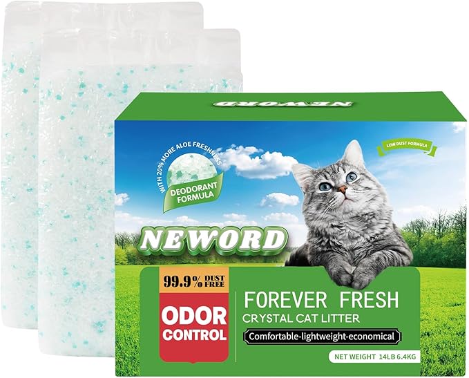 NEWORD Crystals Cat Litter Silica Gel, 14LB Bag, Superior Odor Control, Non Clumping Cat Litter, Lightweight Cleaning Crystals for Home Kitty Litter Boxes Cats Pets, Aloe Vera Fragrance