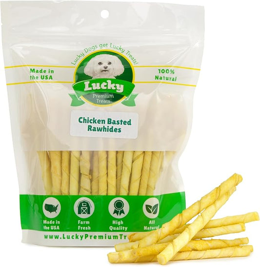 Chicken Basted Rawhide Twist Sticks Dog Treats – 25ct. Premium Rawhide Chew Sticks – Long Lasting Chicken Flavored Chews for Small Dogs Made in USA with Natural Beef Hide